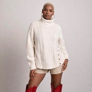 Cottagecore Relaxed XL Cable Knit Turtleneck Sweater Side Buttons Neutral